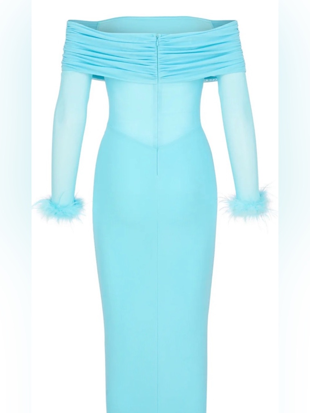 Light Blue Off-Shoulder Feather Cuff Maxi Dress - Picture 5 of 7